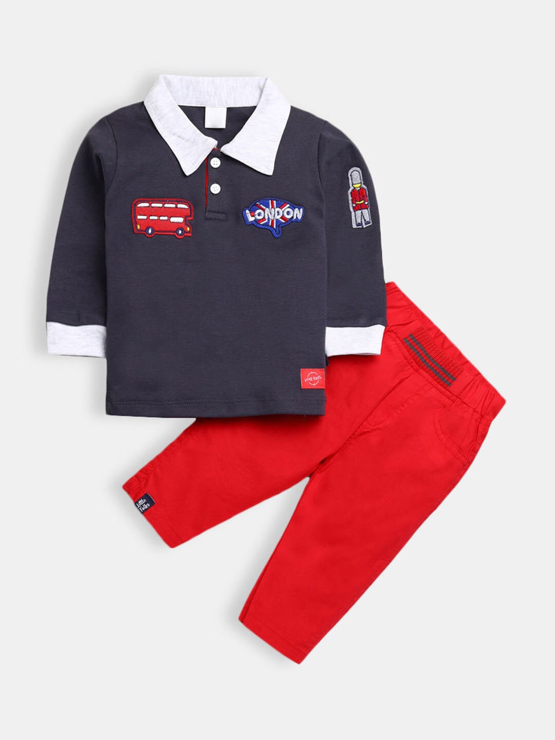 

Hopscotch Boys Red & Navy Blue Cotton Printed T-shirt with Trouser Set
