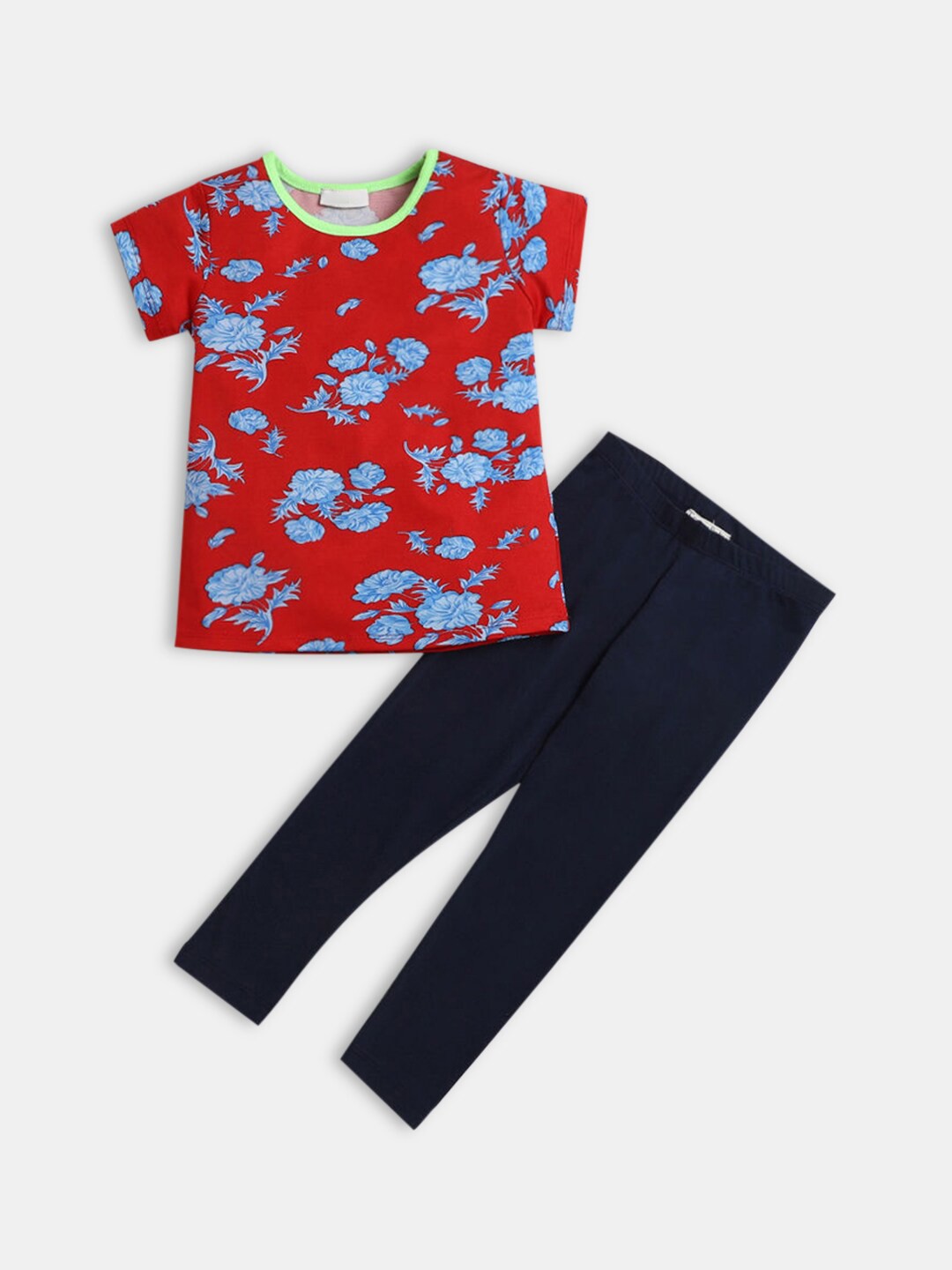 

Hopscotch Girls Red & Blue Printed Top with Leggings Set