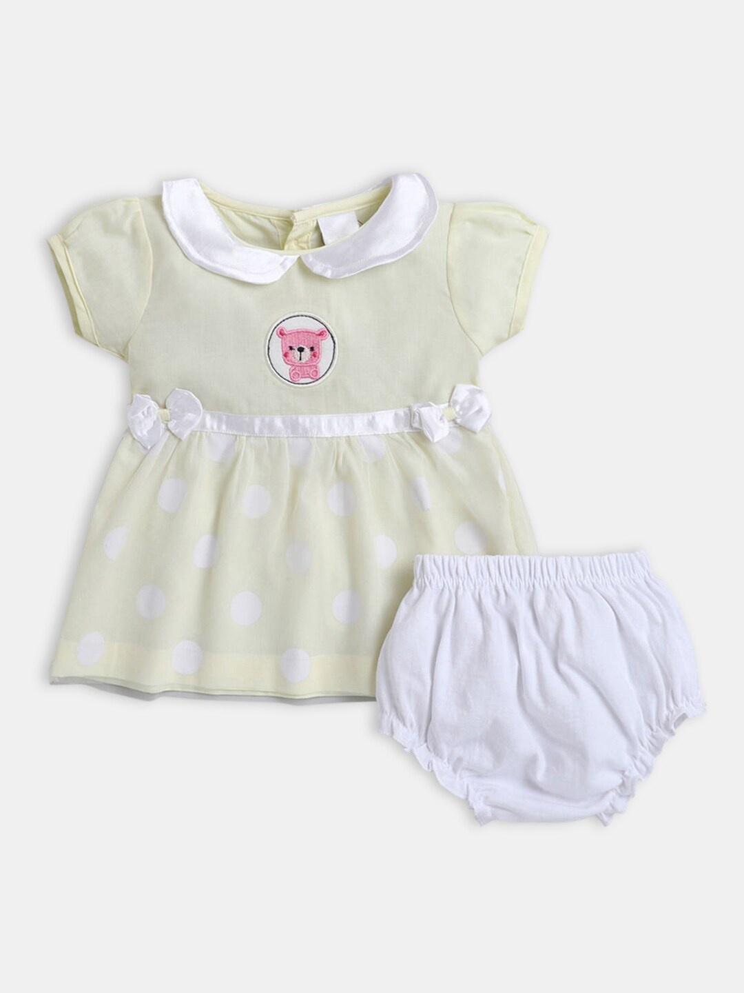 

Hopscotch Girls Yellow & White Cotton Printed Dress with Bloomer Set