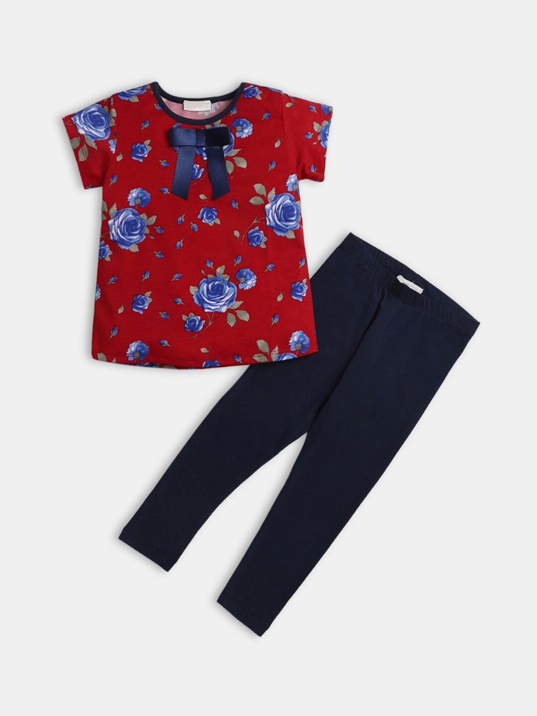 

Hopscotch Girls Red & Navy Blue Printed Top With Leggings