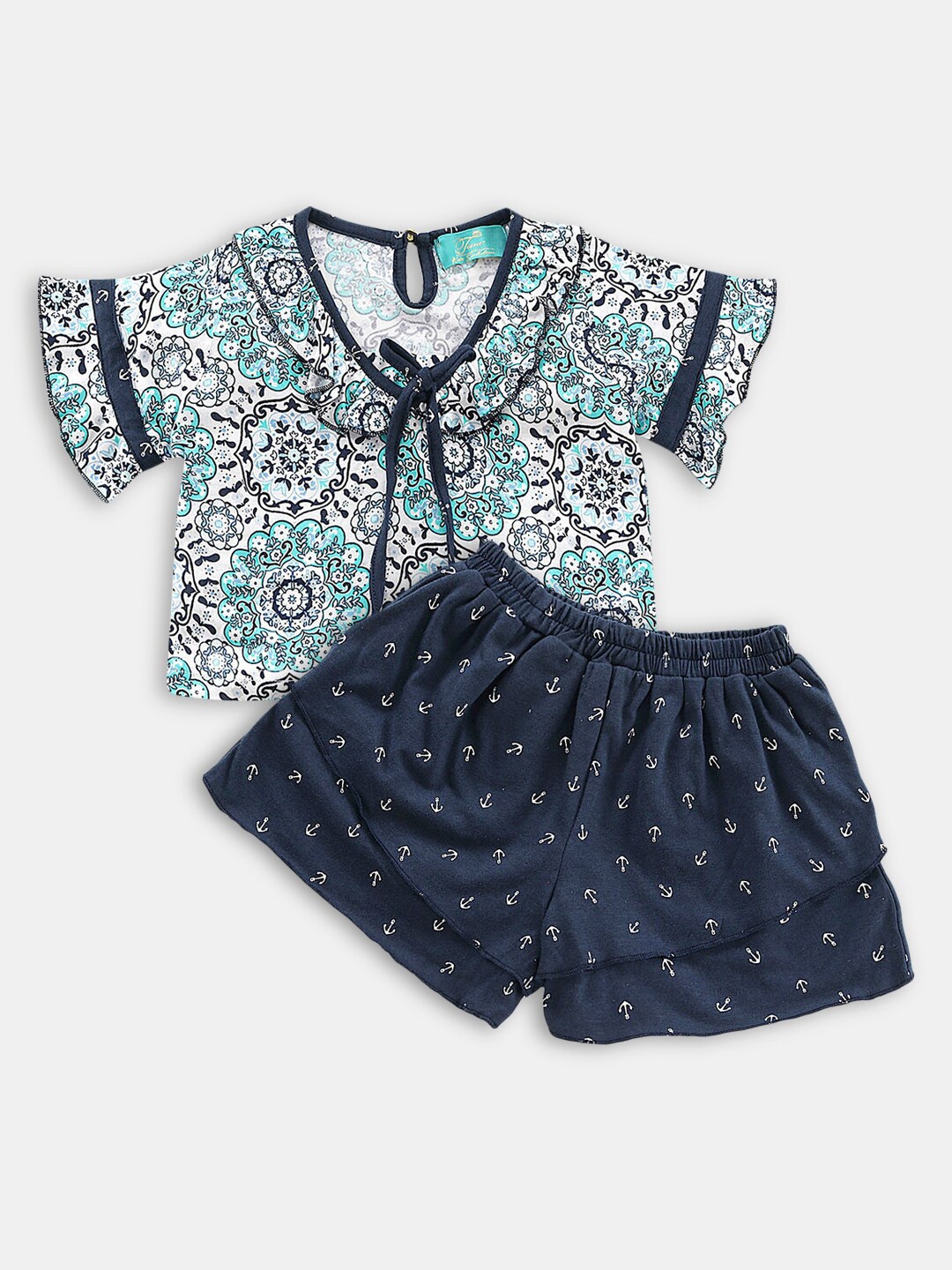 

Hopscotch Girls Navy Blue & White Pure Cotton Printed Top with Short