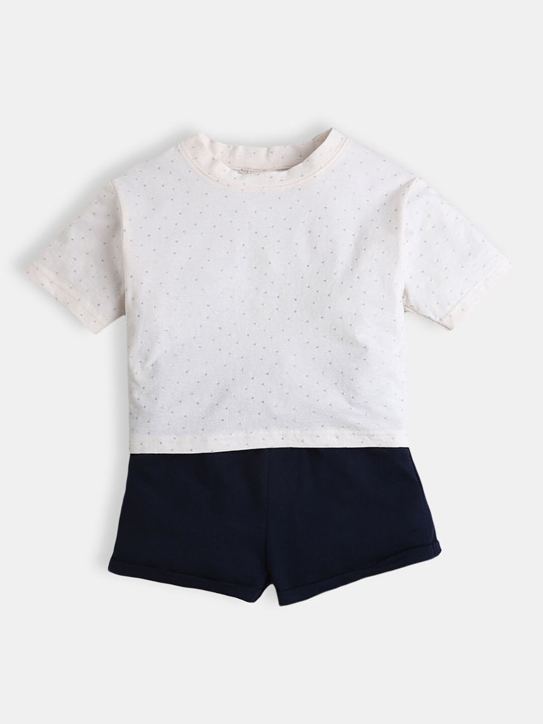 

Hopscotch Girls White & Navy Blue Printed Pure Cotton Top with Shorts