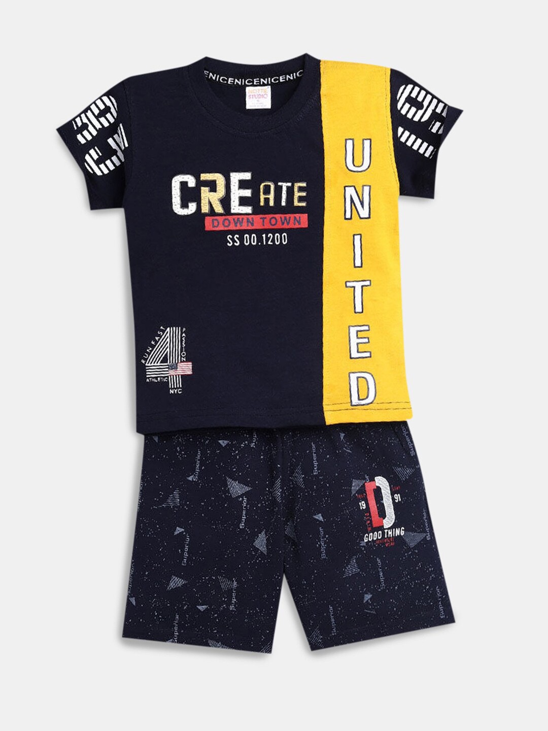 

Hopscotch Boys Navy Blue & Yellow Printed Cotton Top with Shorts Set