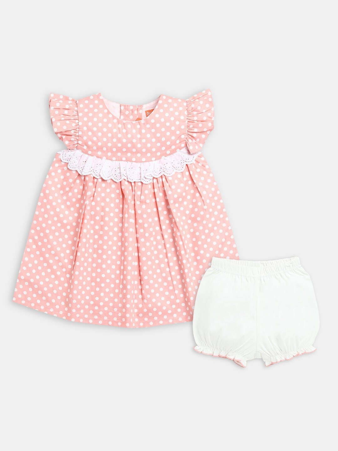 

Hopscotch Girls Pink & White Polka Dot Print Pure Cotton Dress with Shorts Set