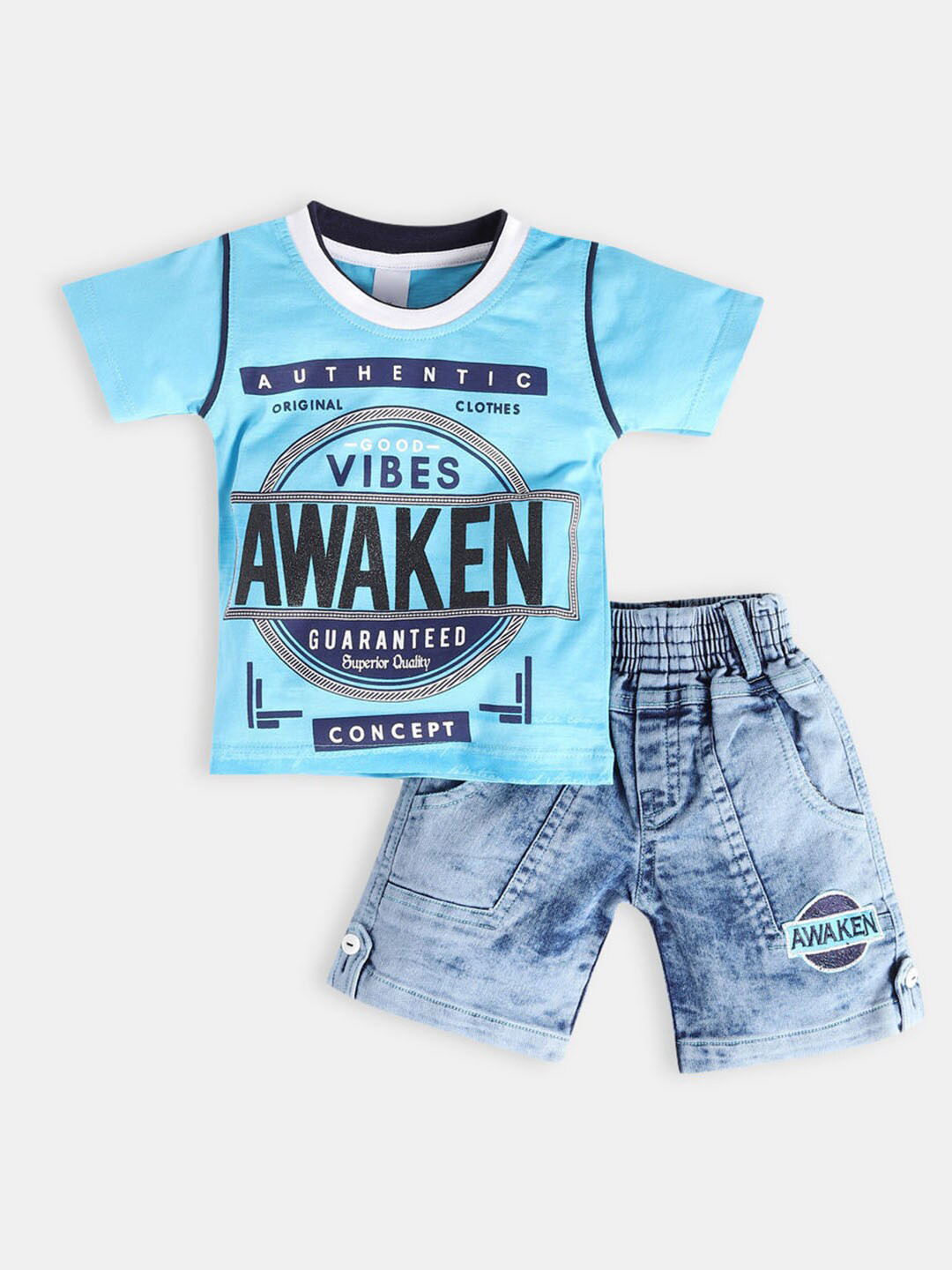 

Hopscotch Boys Blue & Black Printed T-shirt with Shorts