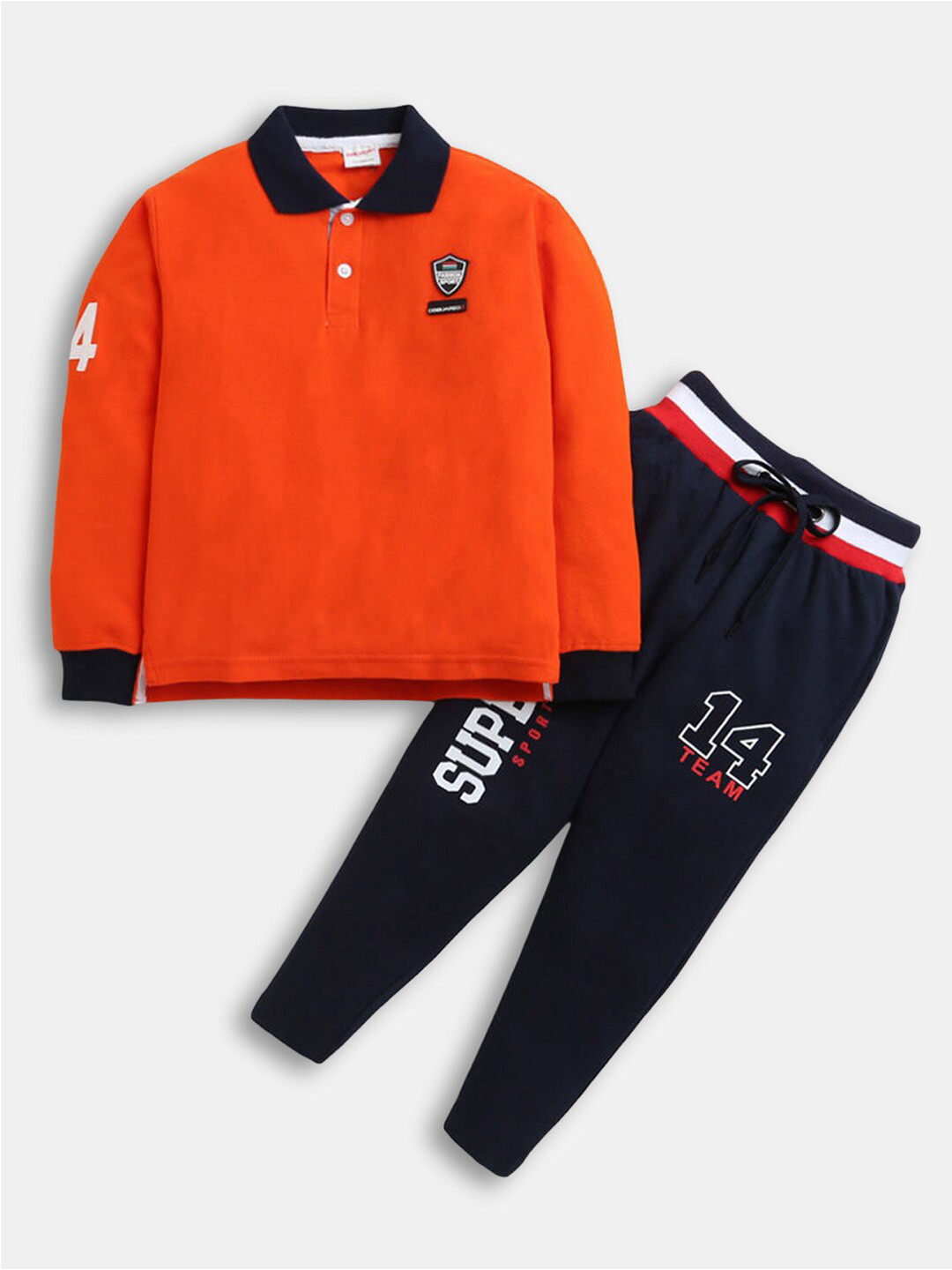 

Hopscotch Boys Navy Blue & Red Printed Cotton T-shirt with Trousers