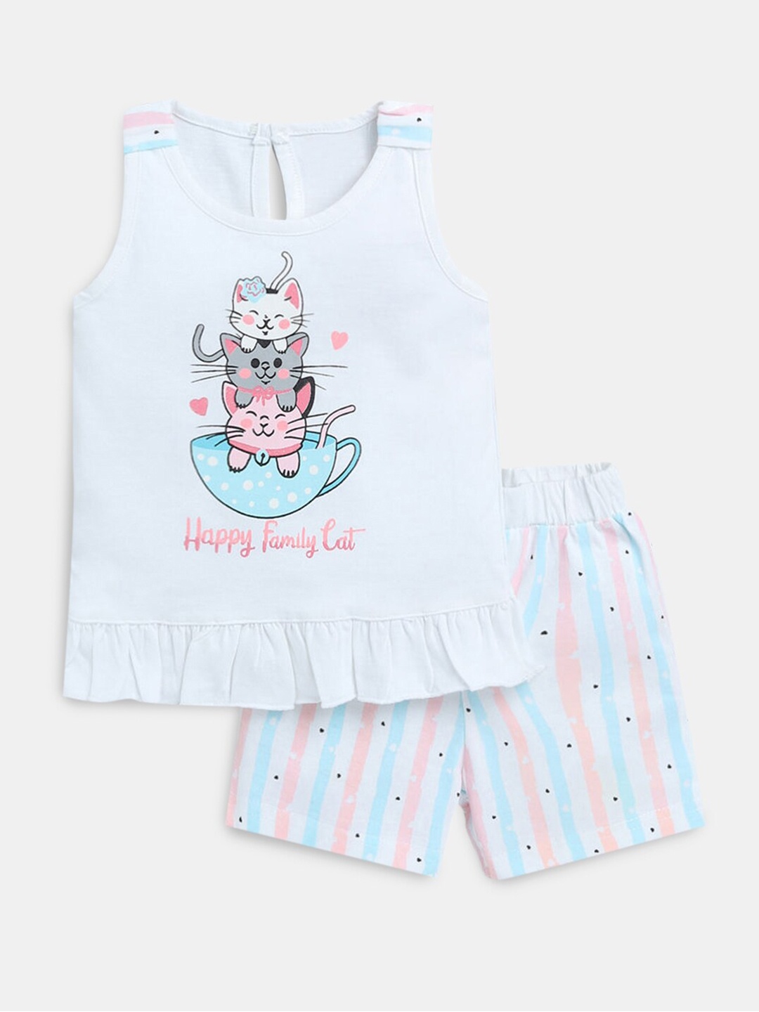 

Hopscotch Girls White & Pink Printed Pure Cotton Top with Shorts