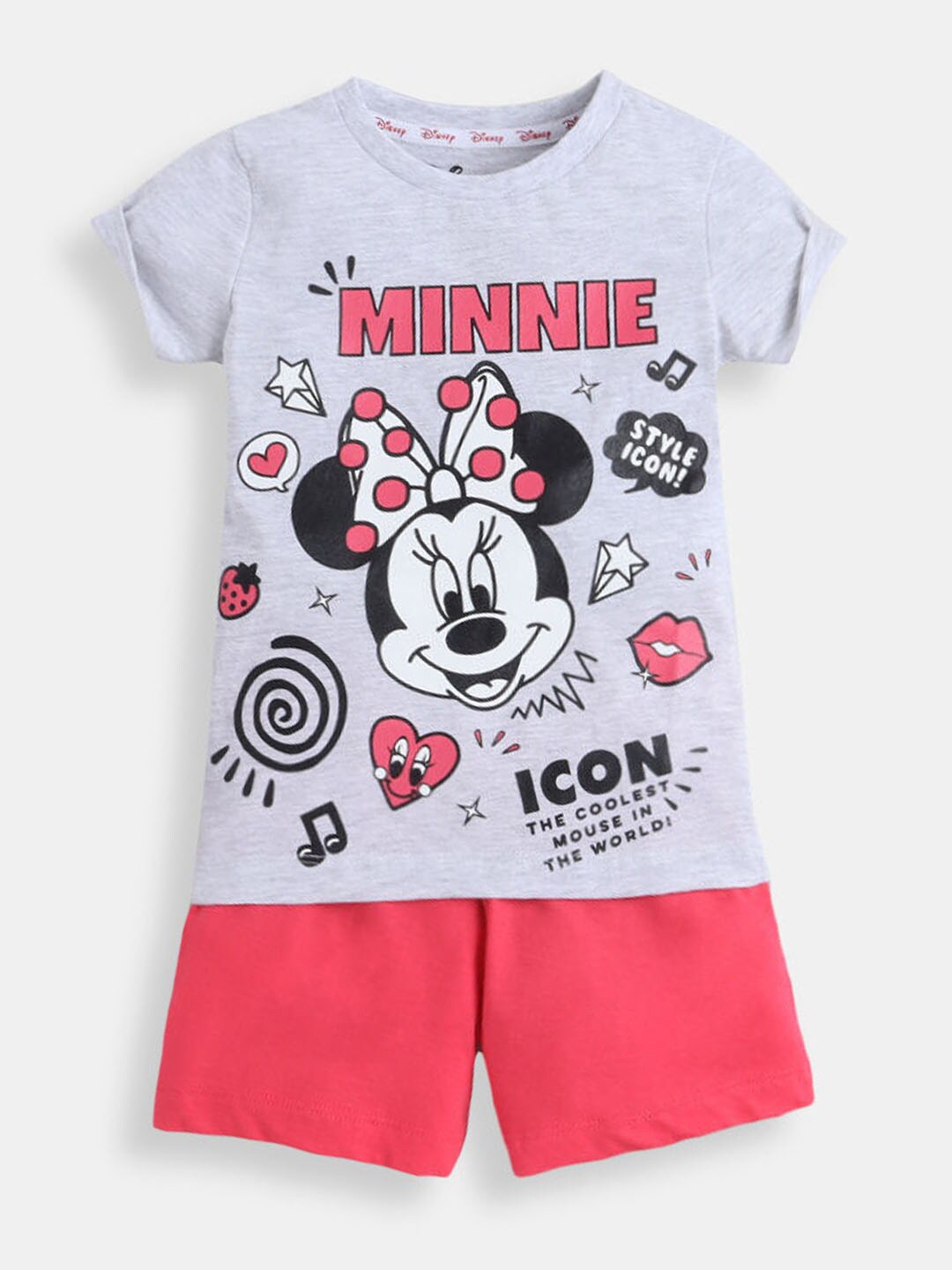 

Hopscotch Girls Grey & Coral Mickey Mouse Printed Cotton Blend T-shirt with Shorts