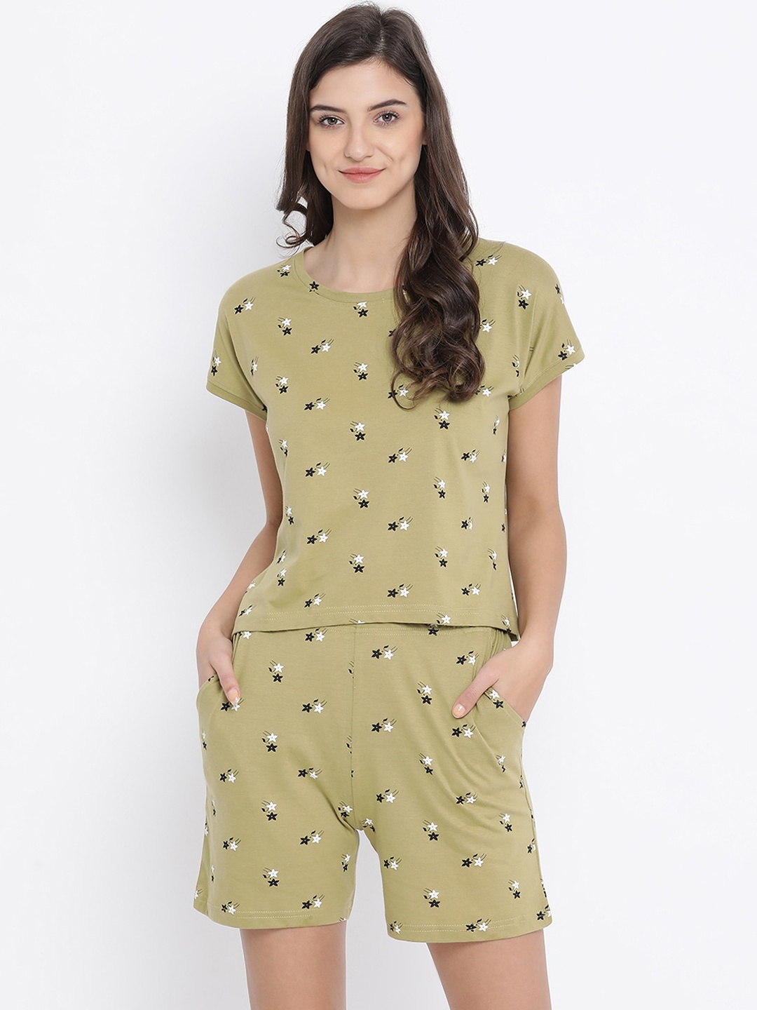 

Kanvin Women Khaki & White Printed Pure Cotton Night suit