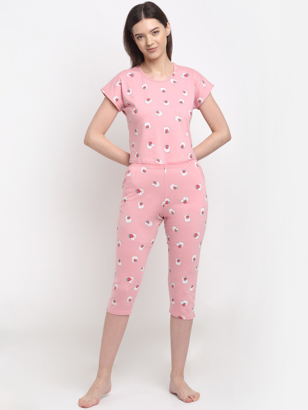 

Kanvin Women Pink & White Printed Night suit