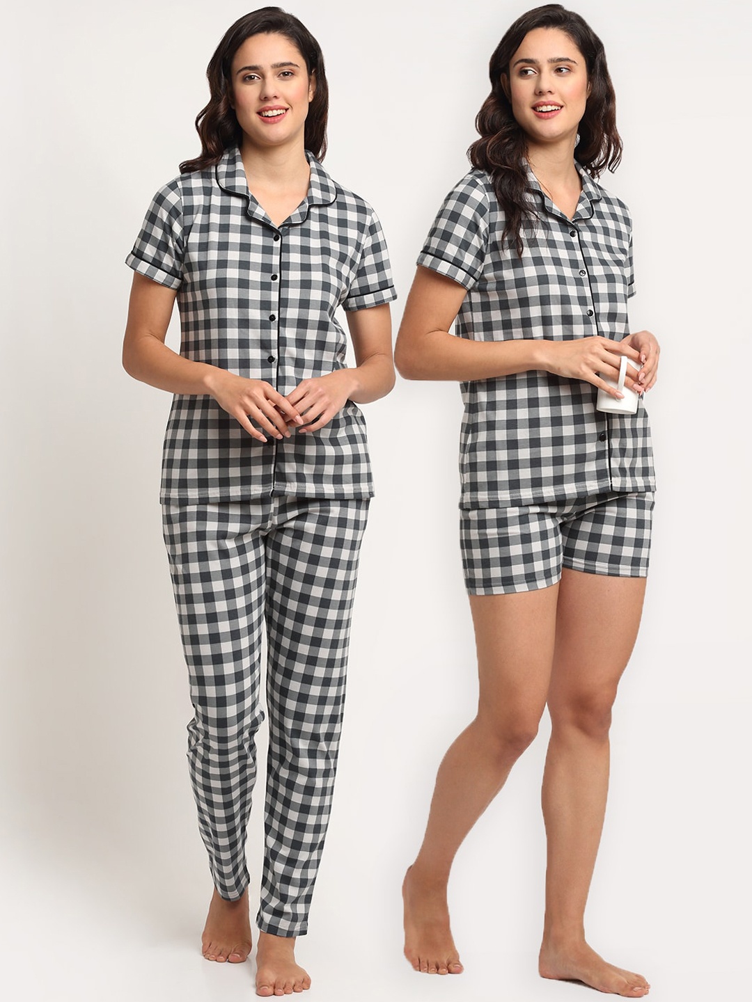 

Kanvin Women Charcoal & White Checked Pure Cotton Night suit