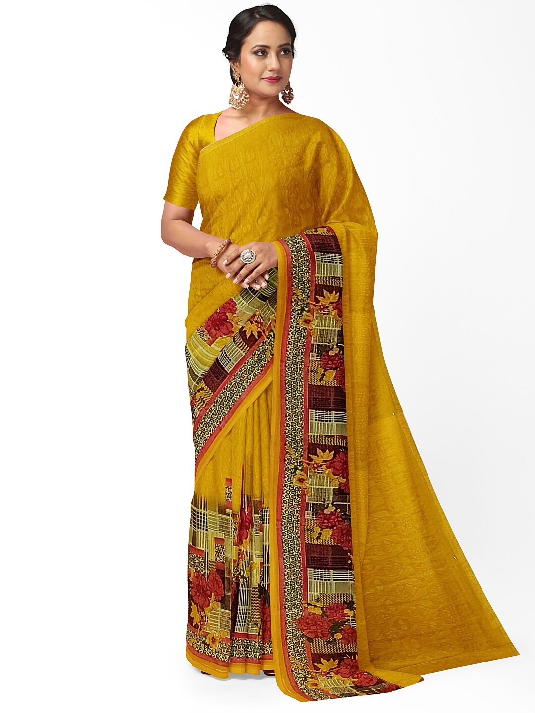 

Silk Bazar Yellow & Red Floral Pure Georgette Dharmavaram Saree