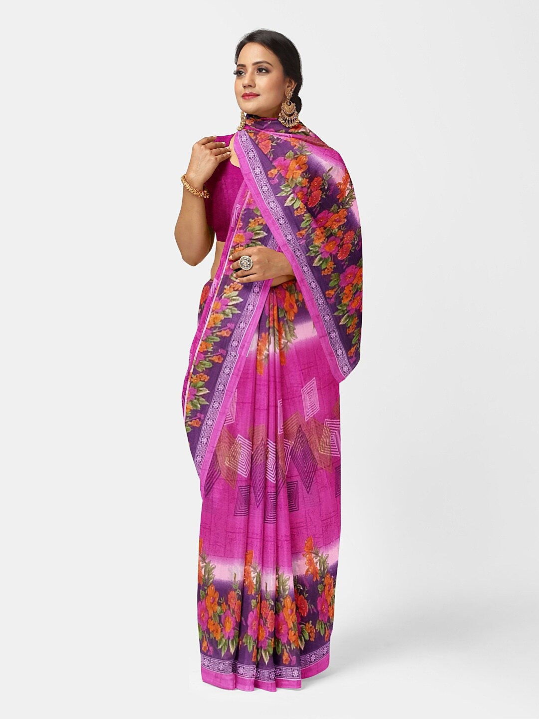 

Silk Bazar Pink & Orange Floral Pure Georgette Saree