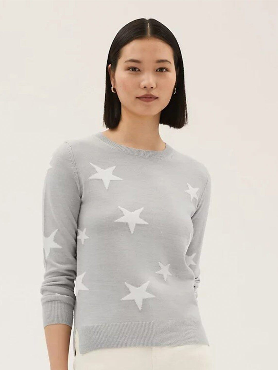 

Marks & Spencer Women Grey & White Self Design Acrylic Sweater