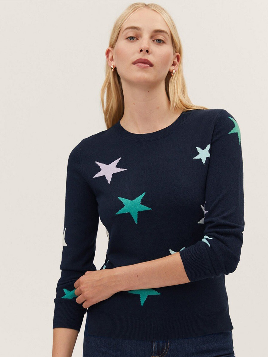 

Marks & Spencer Women Navy Blue & Green Printed Pullover