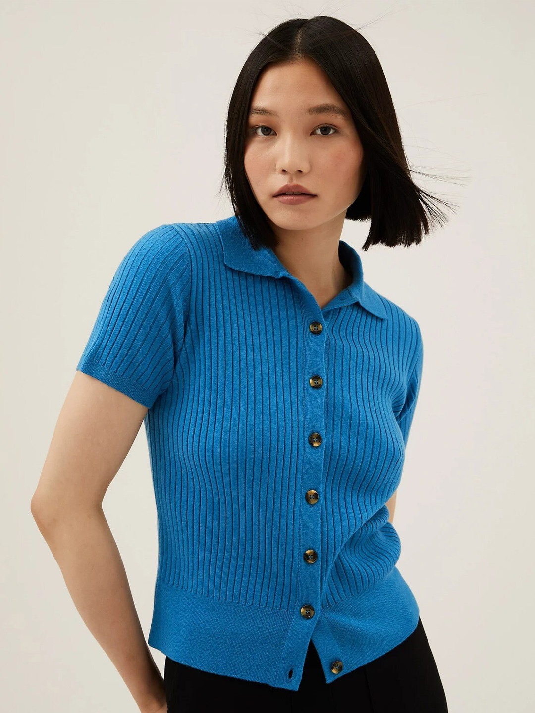 

Marks & Spencer Women Blue Striped Cardigan Sweater