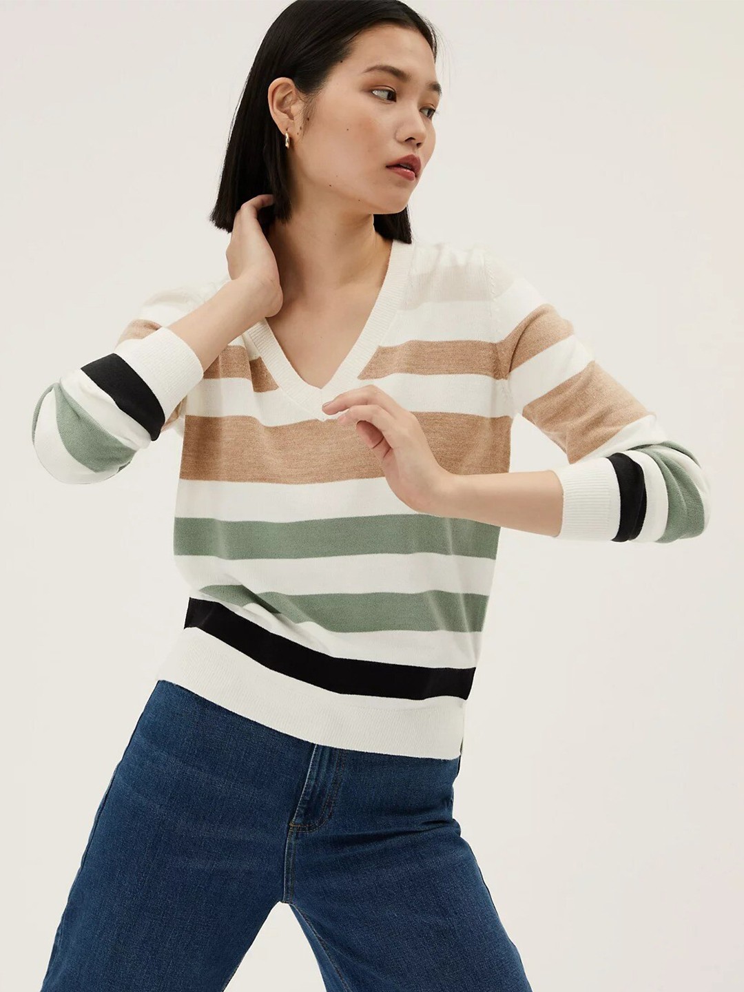 

Marks & Spencer Women Cream-Coloured & Green Striped Acrylic Pullover Sweater