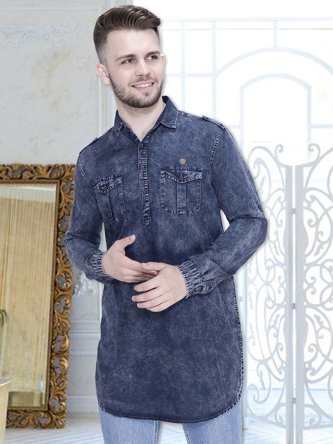 

Kuons Avenue Men Blue Denim Pathani Cotton Kurta