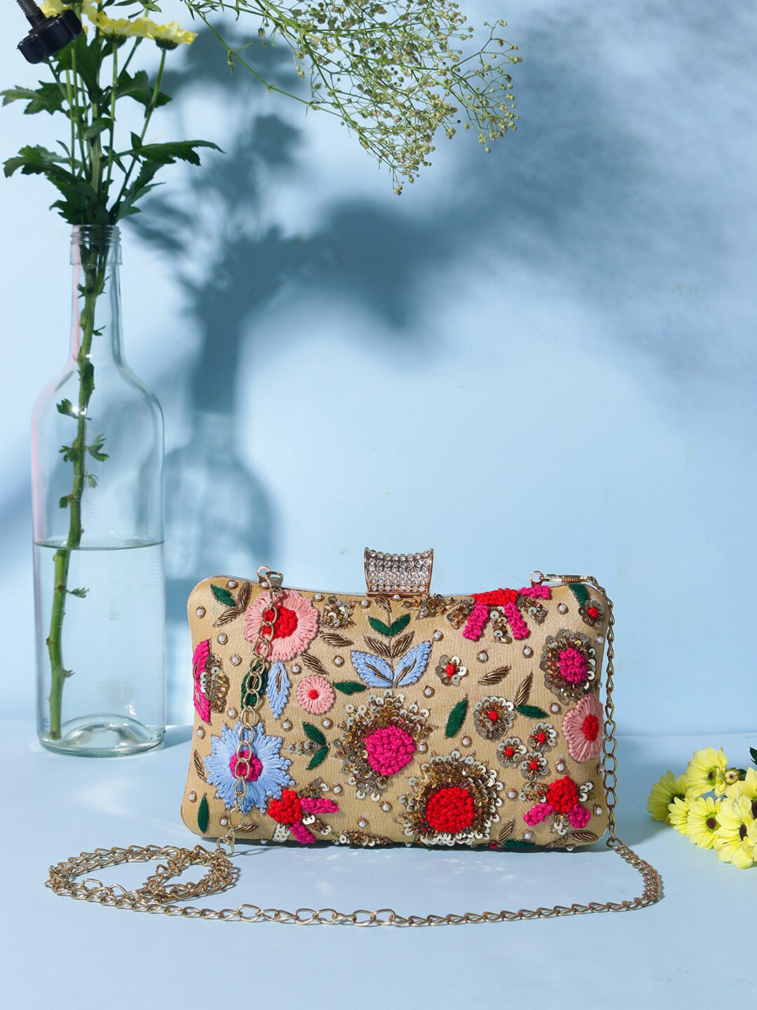 

Swisni Gold-Toned & Blue Embroidered Box Clutch