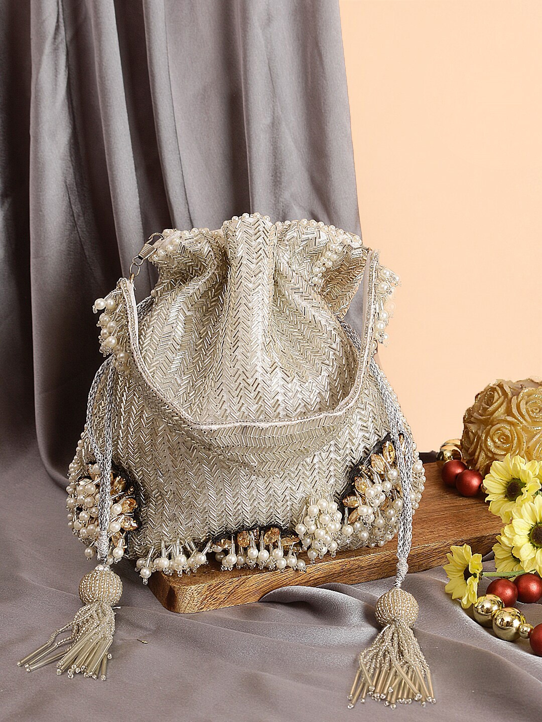 

Swisni Silver Toned And Gold Toned Embroidered And Embellished Potli Clutch