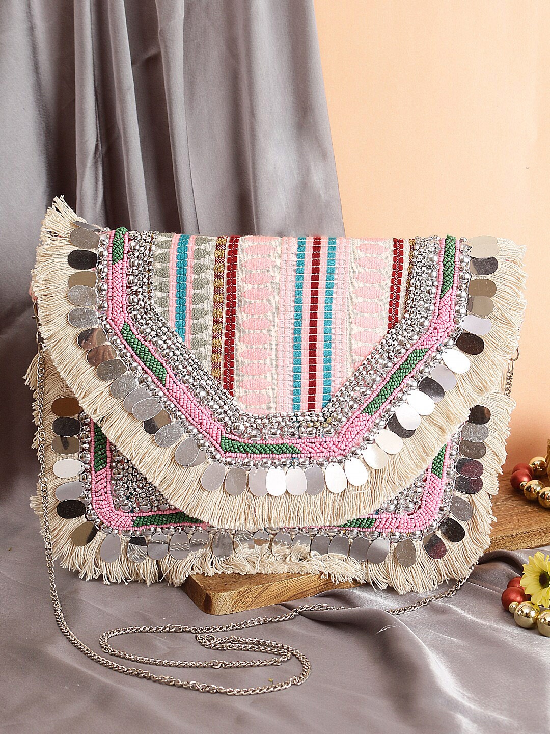 

Swisni Women Pink & Blue Embroidered Foldover Clutch
