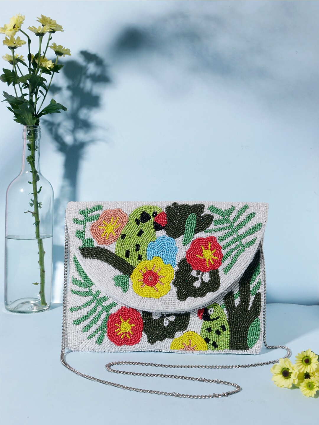 

Swisni Women White & Yellow Embroidered Envelope Clutch