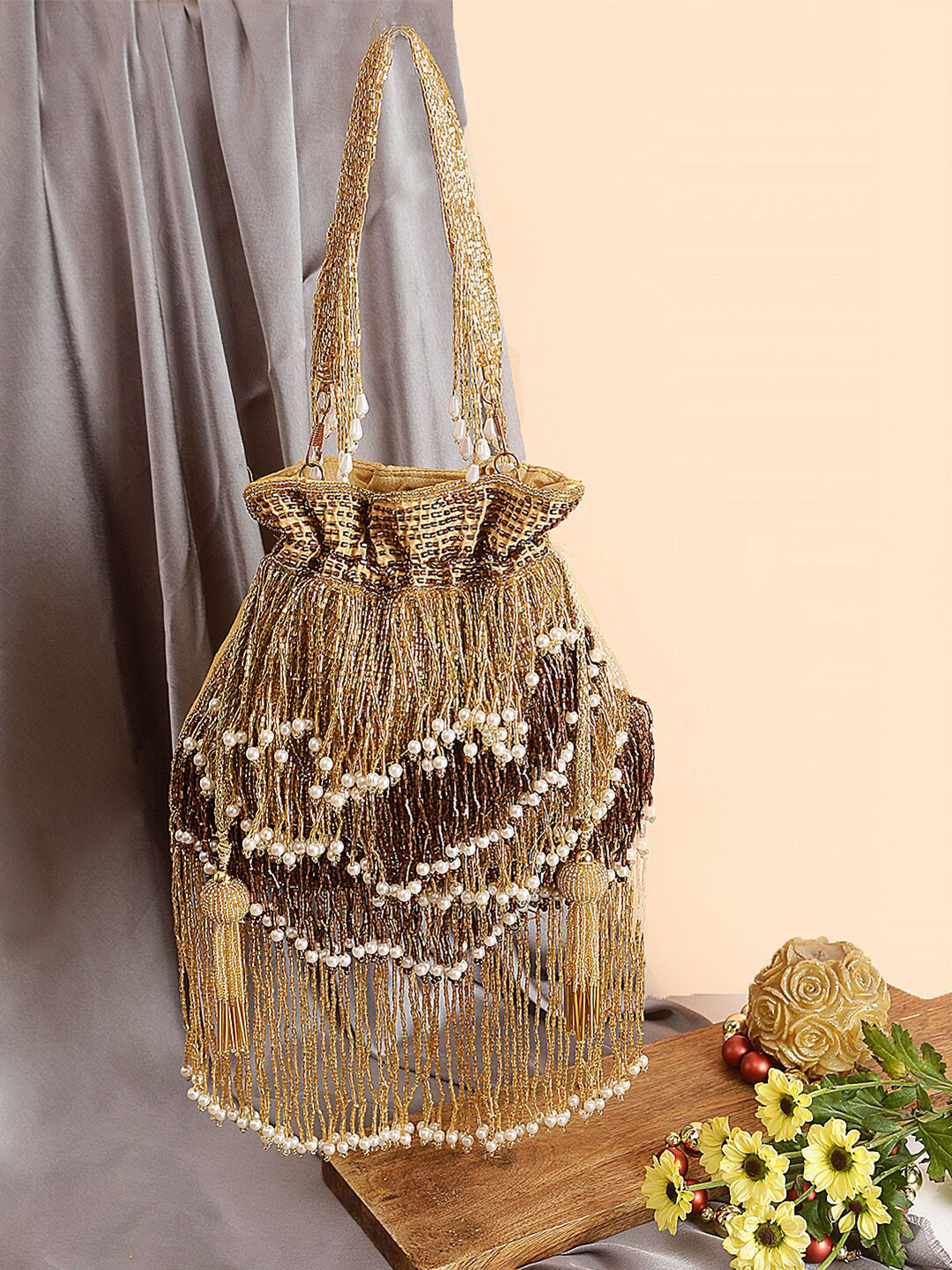 

Swisni Gold-Toned & White Embellished Potli Bag