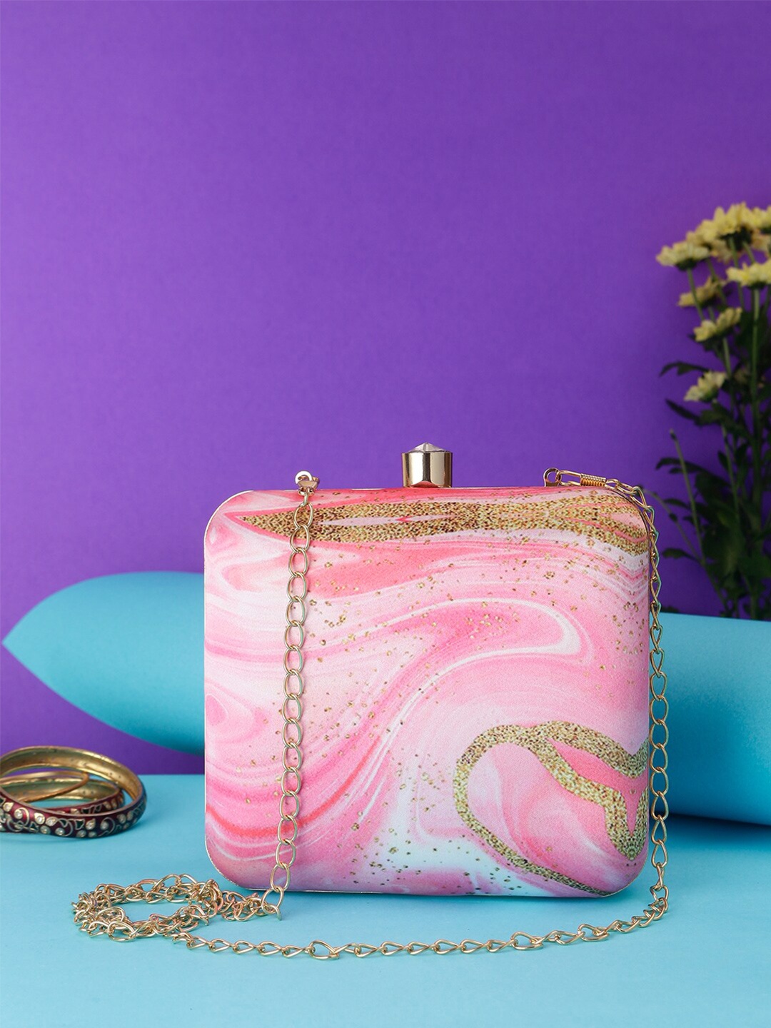 

Swisni Women Pink & Gold-Toned Embellished Fabric Box Clutch