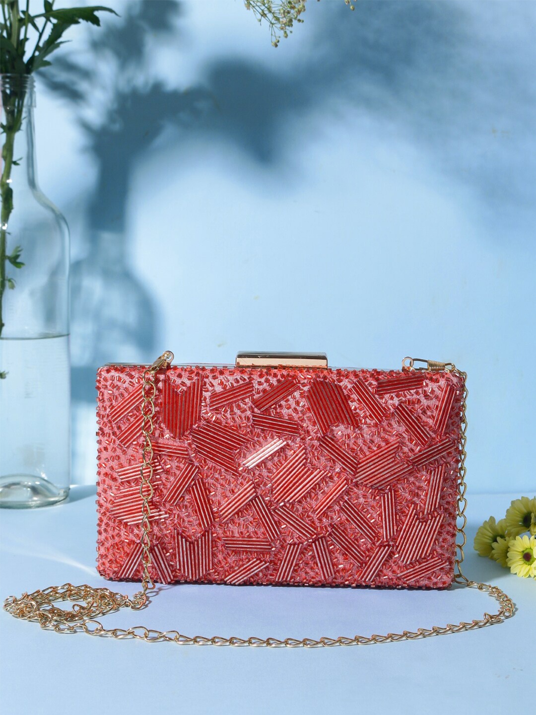 

Swisni Peach-Coloured & White Embellished Box Clutch