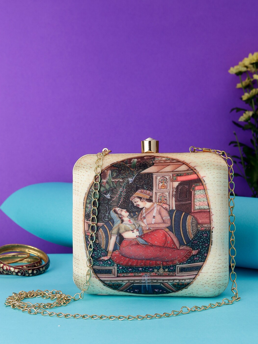 

Swisni Beige & Red Printed Box Clutch