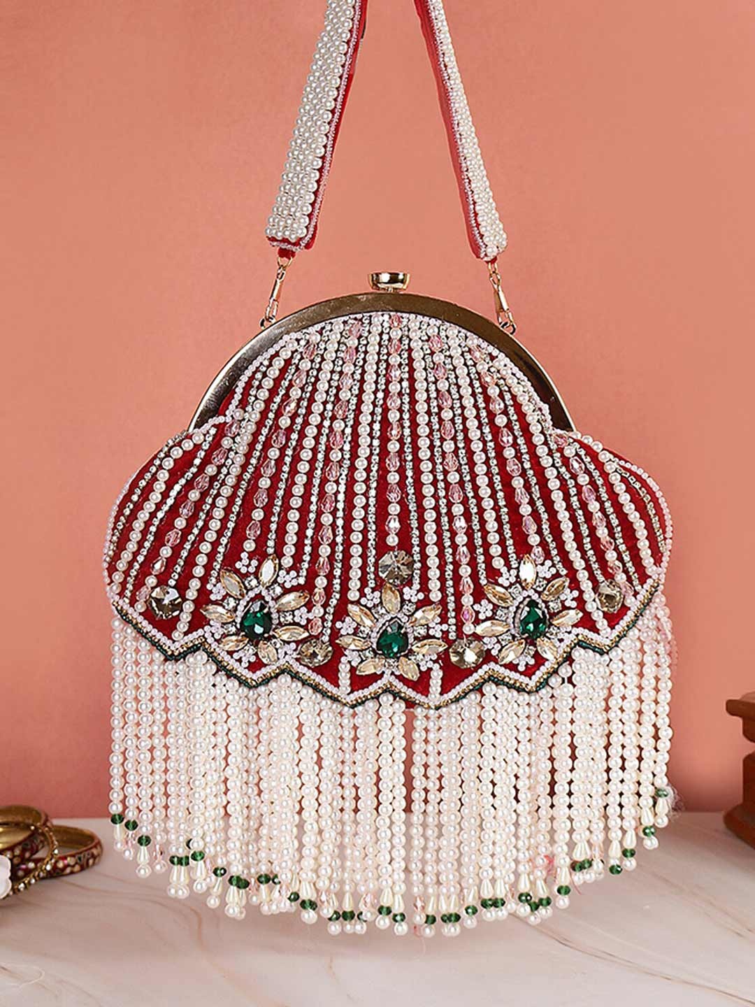 

Swisni Women Red & Green Embroidered Potli Clutch