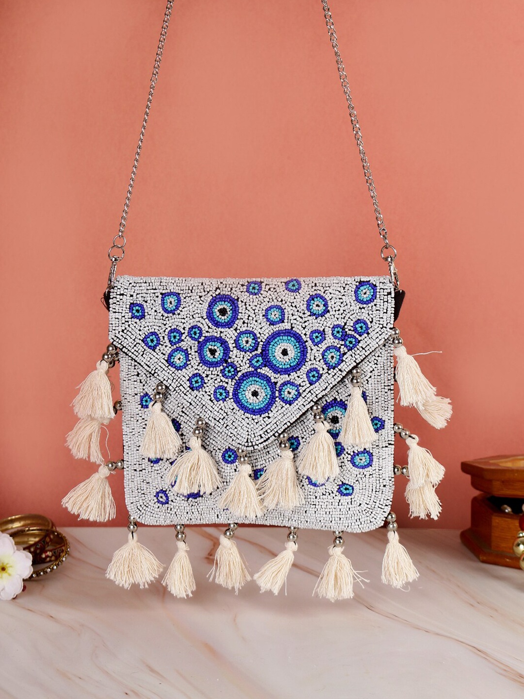 

Swisni White & Blue Embellished Envelope Clutch