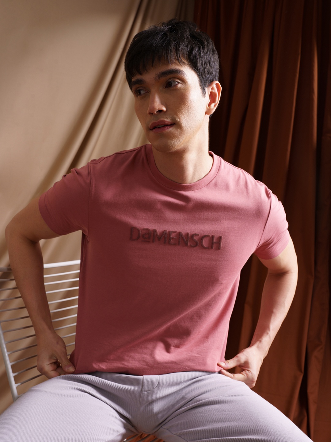 

DaMENSCH Men Printed Logo Cotton T-shirt, Peach