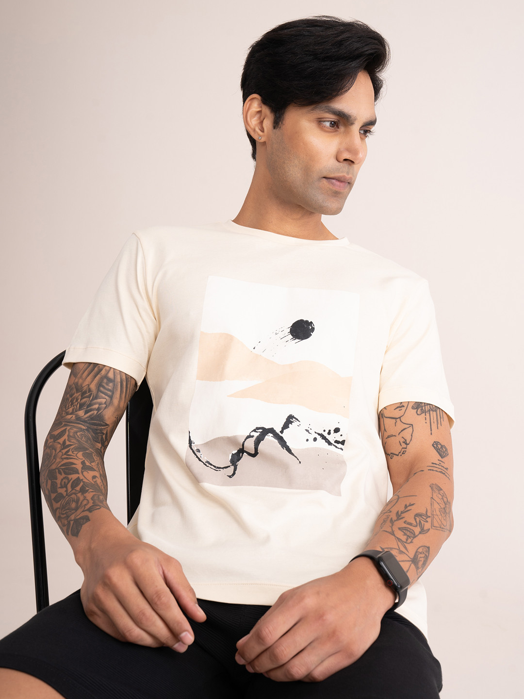 

DaMENSCH Men Graphic Print Premium Cotton Regular Fit T-Shirt, Peach