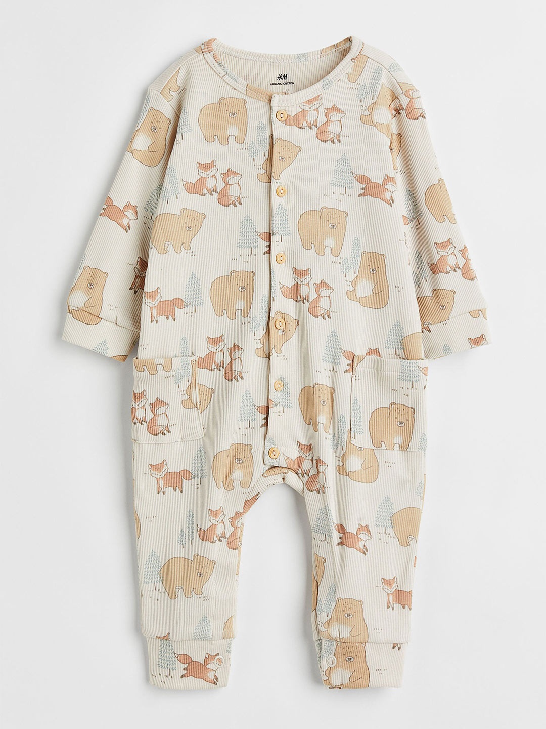 

H&M Boys Printed Ribbed Cotton Rompers, Beige
