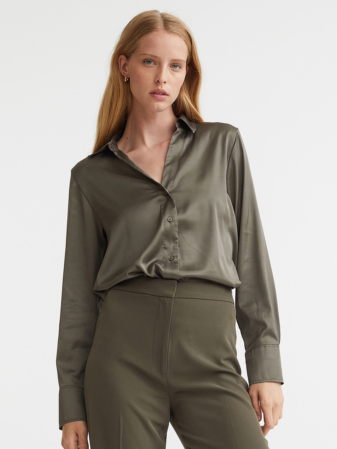 

H&M Women Olive Green Solid V-neck blouse