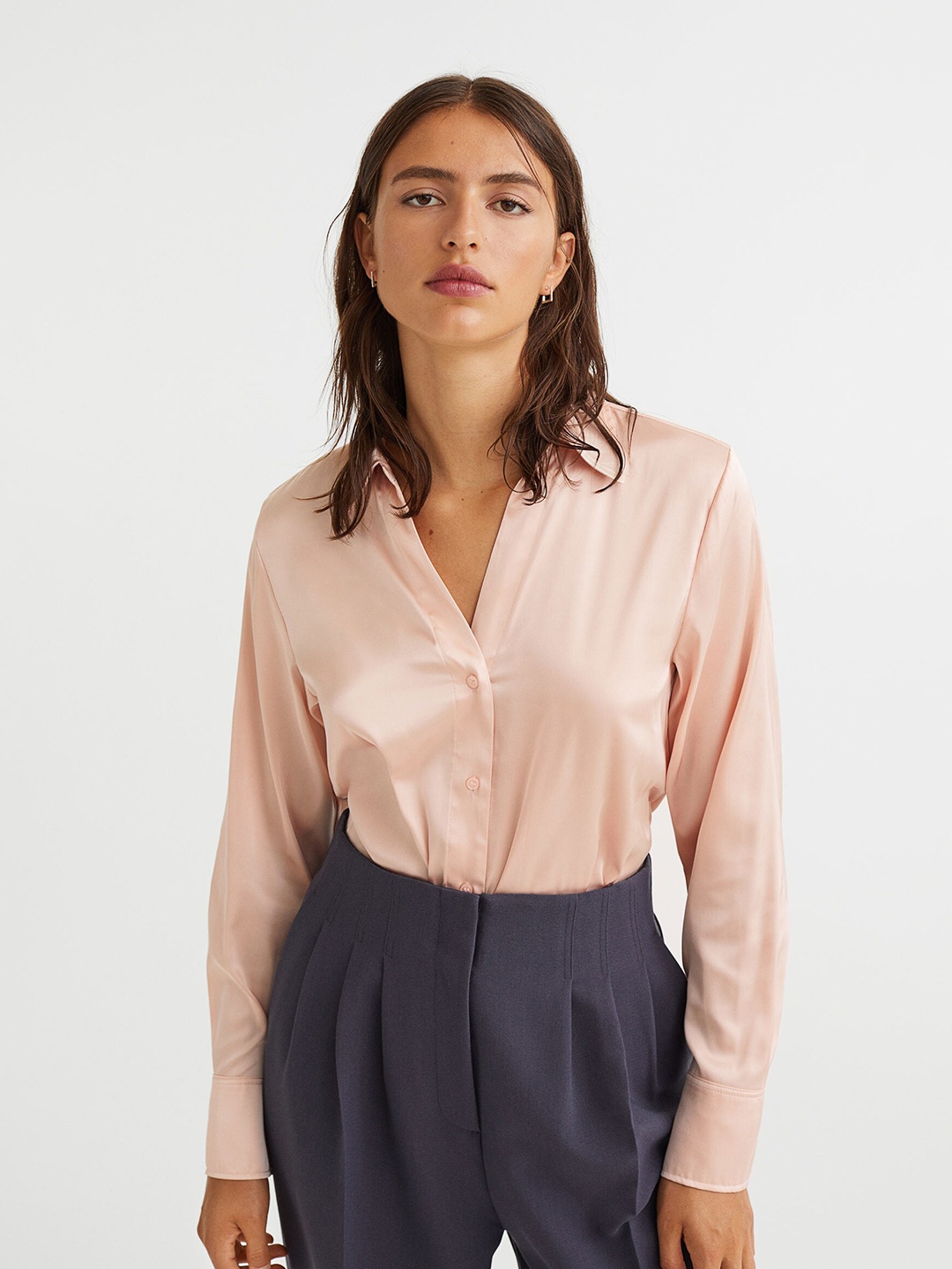 

H&M Women Pink Solid Shirt Collar Formal Shirt
