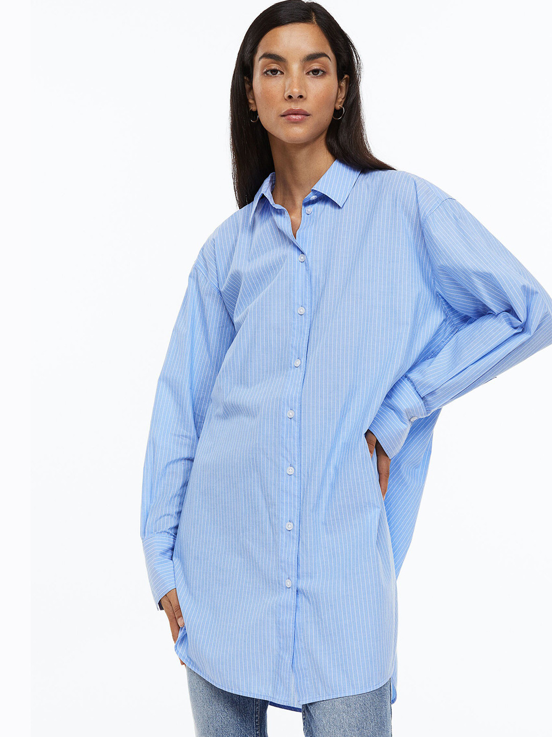 

H&M Women Blue Striped Long Cotton Shirt