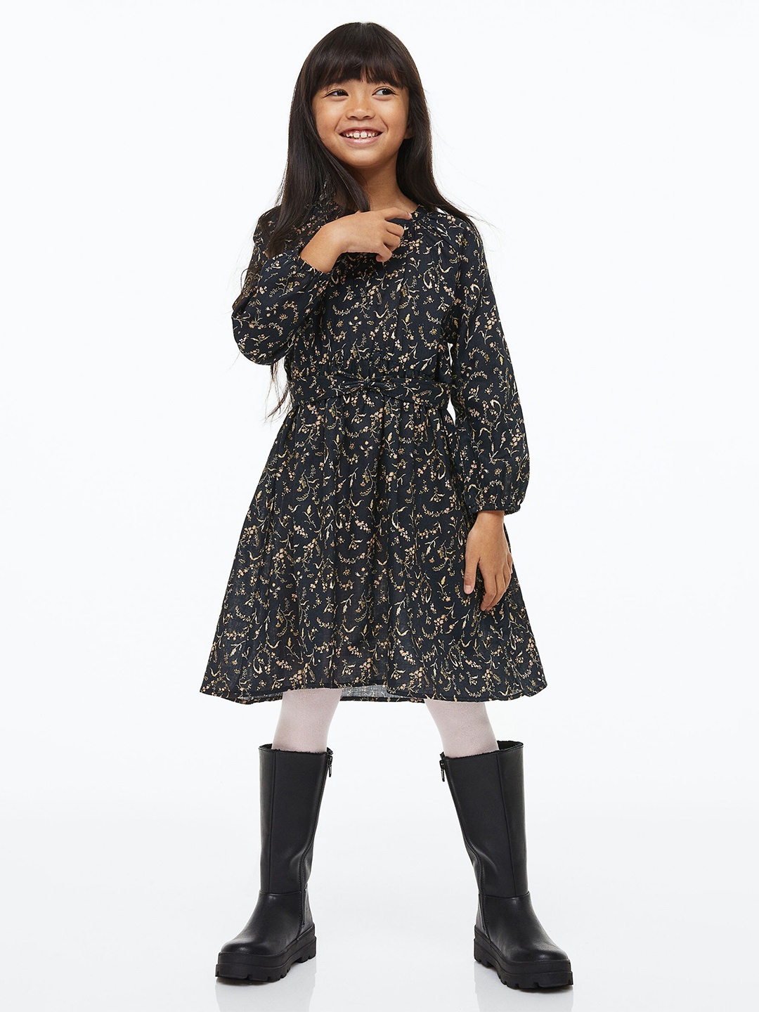 

H&M Girls Black & Beige Printed Cottton Ballon-Sleeved Tie-Belt Dress