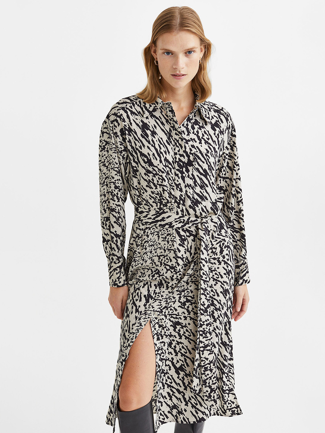 

H&M Women Beige& Black Printed Tie-Belt Shirt Dress