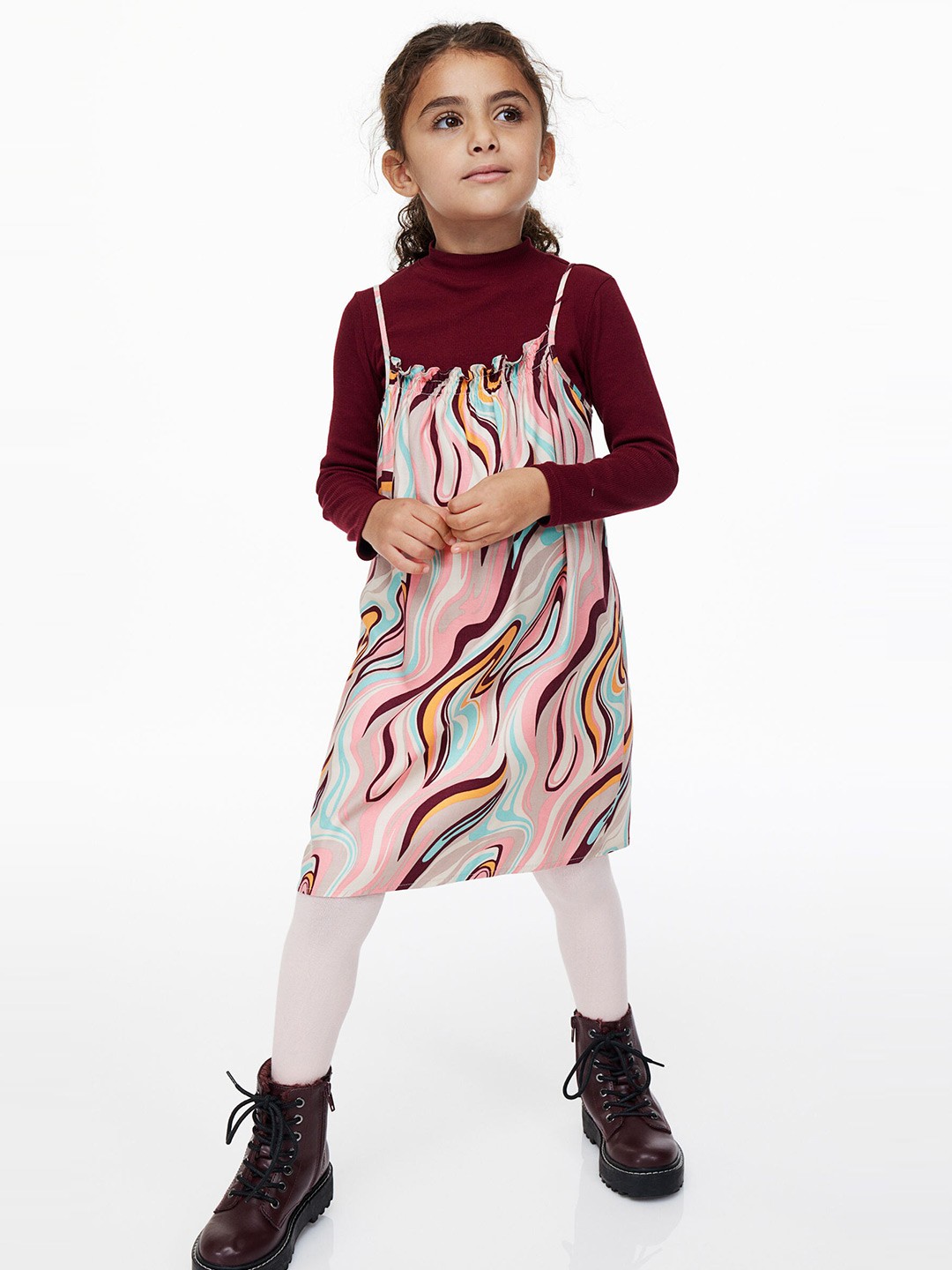 

H&M Girls Pink & Maroon Abstract Print Pinafore Dress with High Neck T-Shirt