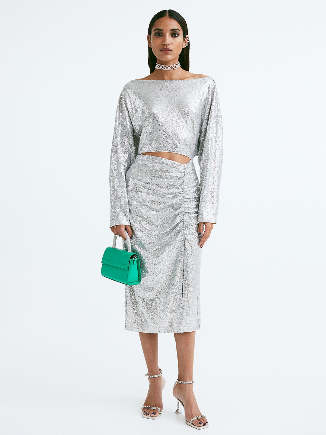 

H&M Women Silver-Toned Sequin Embellished Sheath Midi Dress with Cut-Out Detail