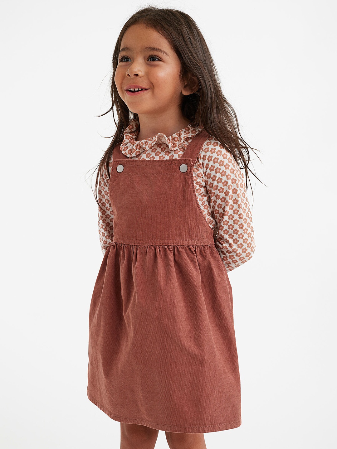 

H&M Girls Beige & Brown Pinafore Dress with Top