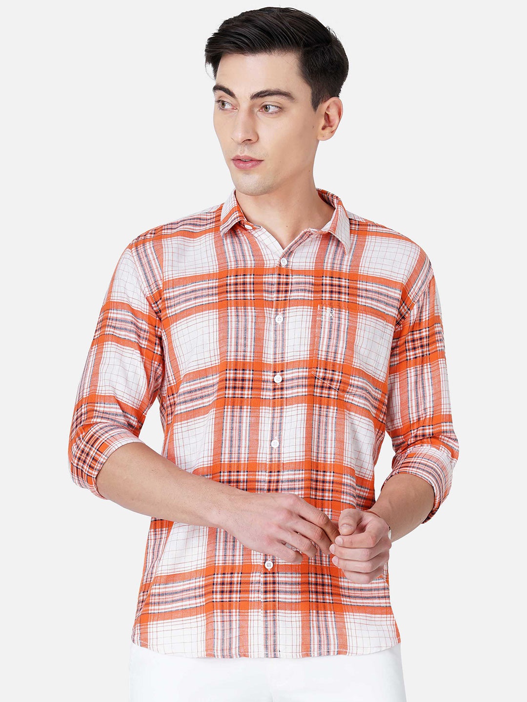 

SORATIA Men Orange Slim Fit Tartan Checks Checked Casual Cotton Shirt