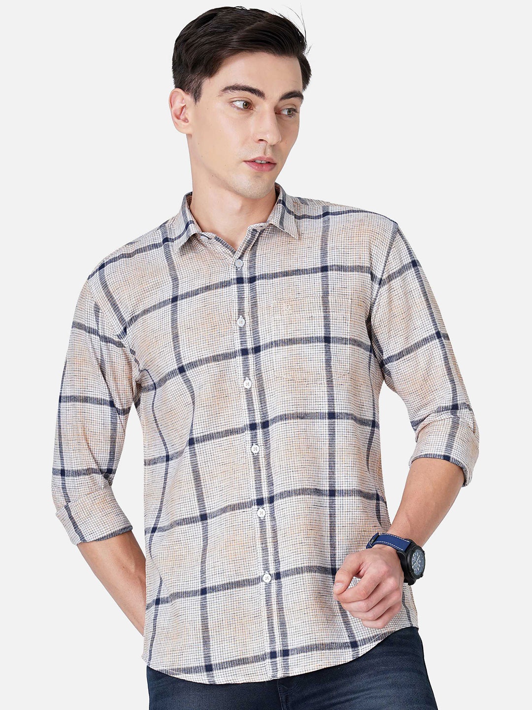 

SORATIA Men Orange Slim Fit Windowpane Checks Checked Casual Cotton Shirt