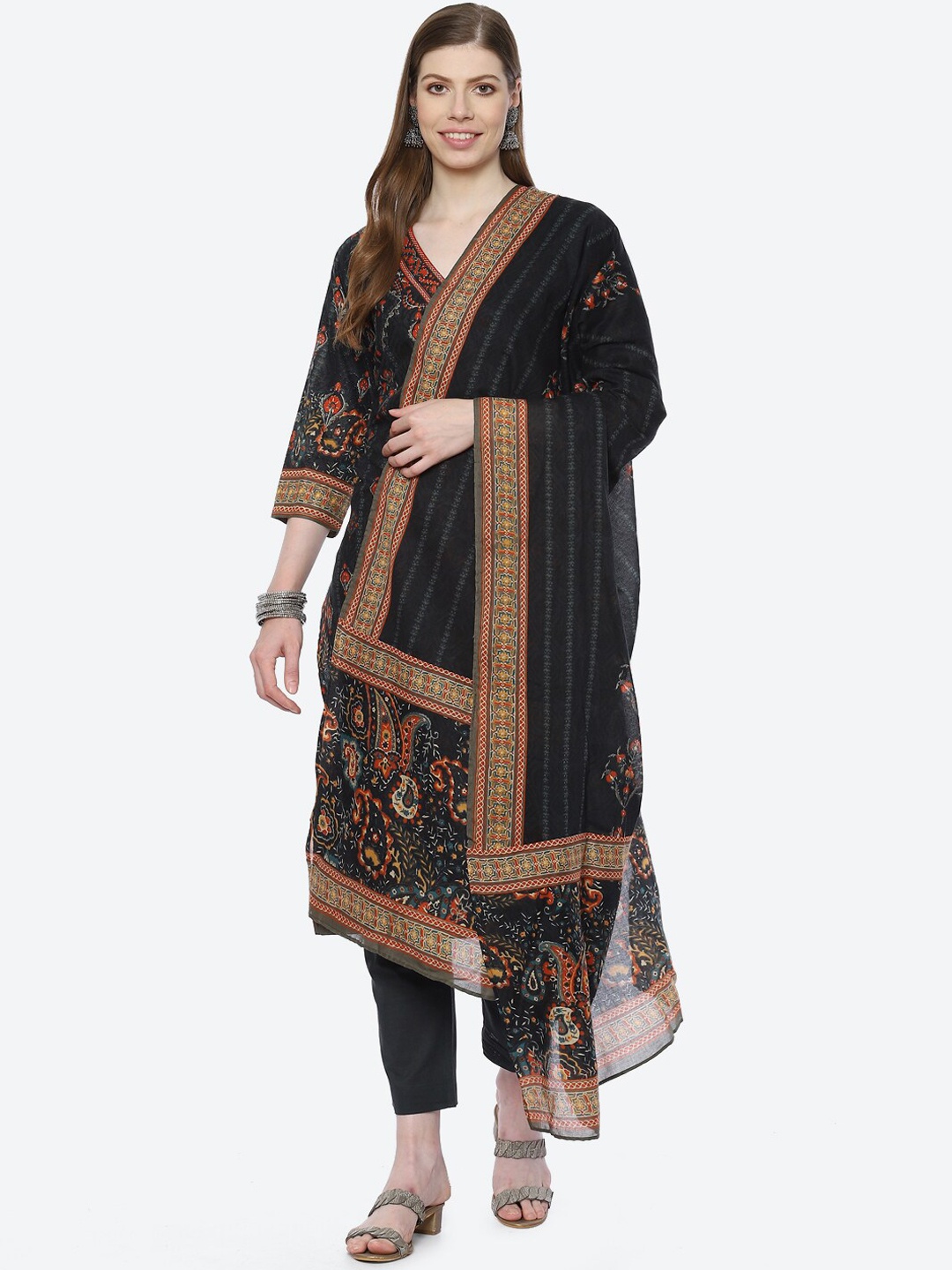 

Biba Women Black Paisley Printed Kurta with Trousers & With Dupatta