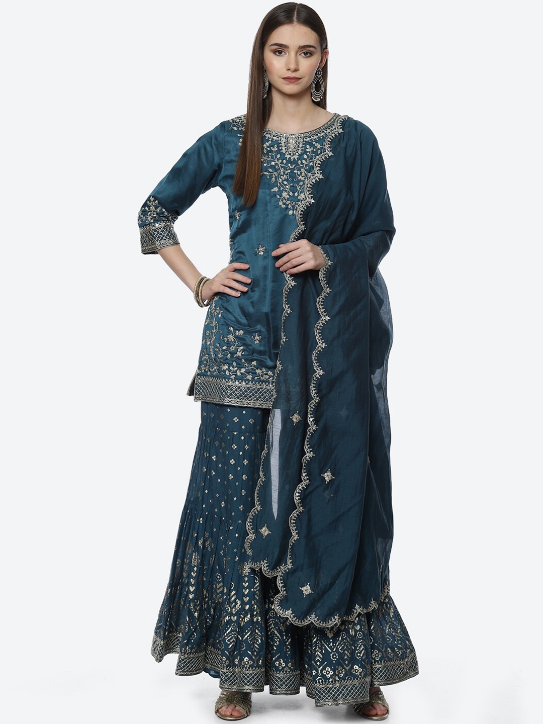

Biba Women Teal Floral Embroidered Kurta with Sharara & Dupatta