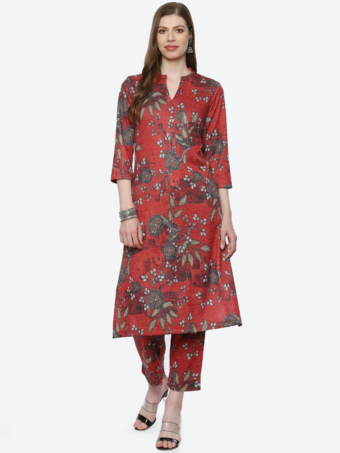 

Biba Women Maroon Floral Printed Kurta with Trousers