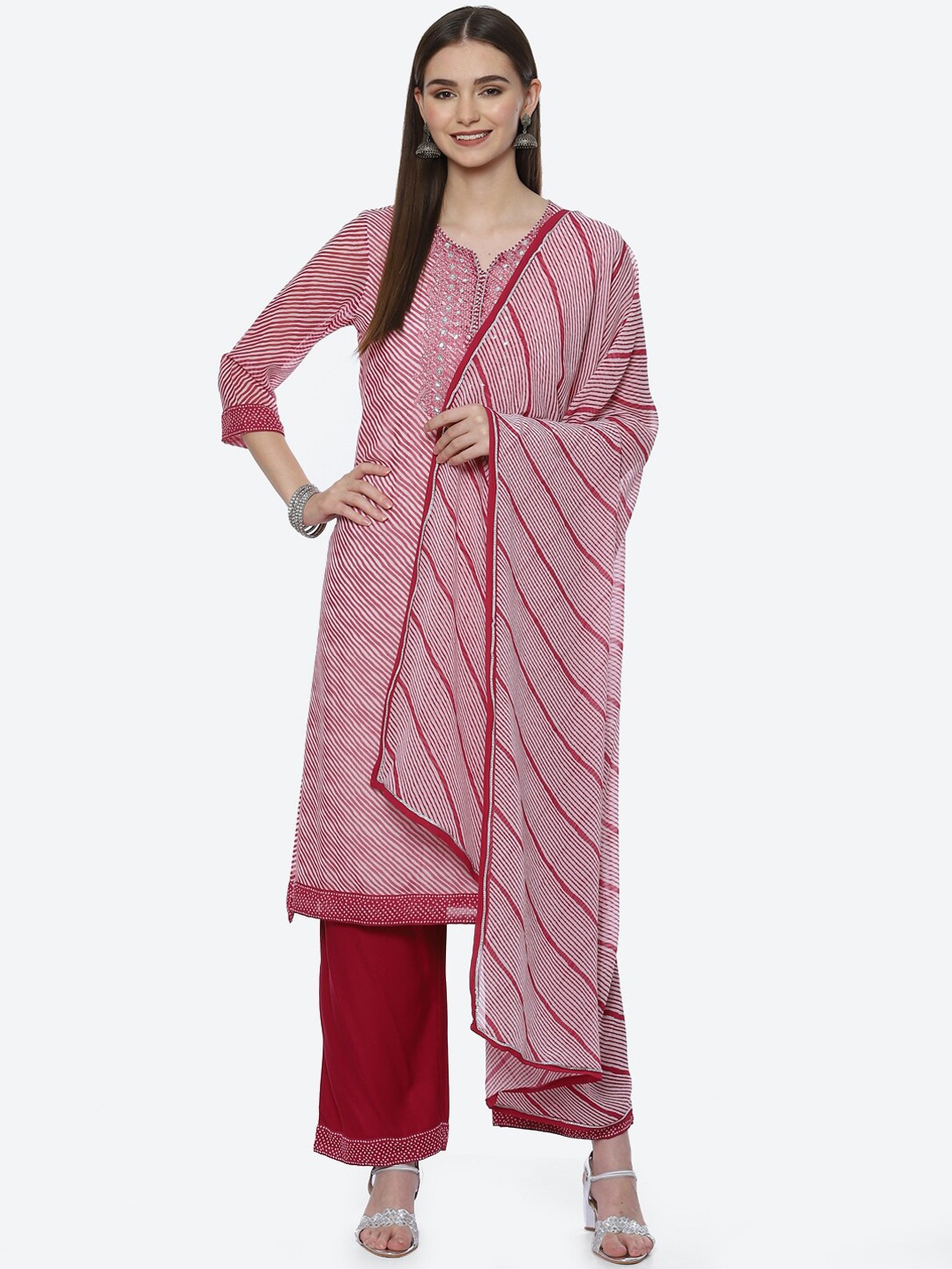 

Biba Women Pink Leheriya Striped Sequinned Kurta with Palazzos & With Dupatta