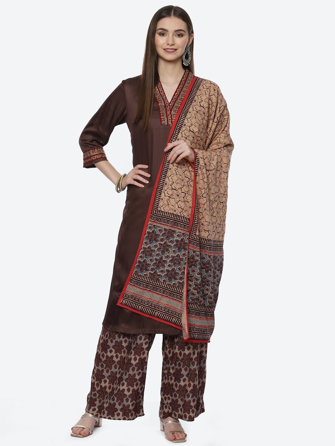 

Biba Women Brown Solid Kurta with Printed Palazzos & With Dupatta